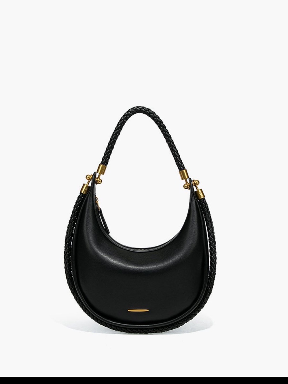 Commense Black Crescent Shoulder Bag with Braided Handle and Gold Accents